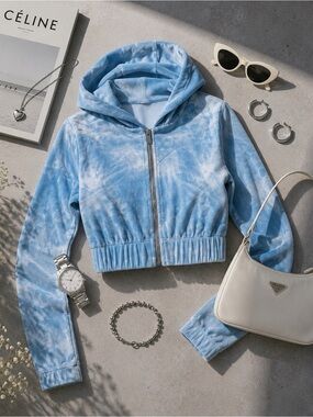 TWIK Y2K Velour Cropped Zip Hoodie Baby Blue | Soft Luxe Lounge Jacket M
